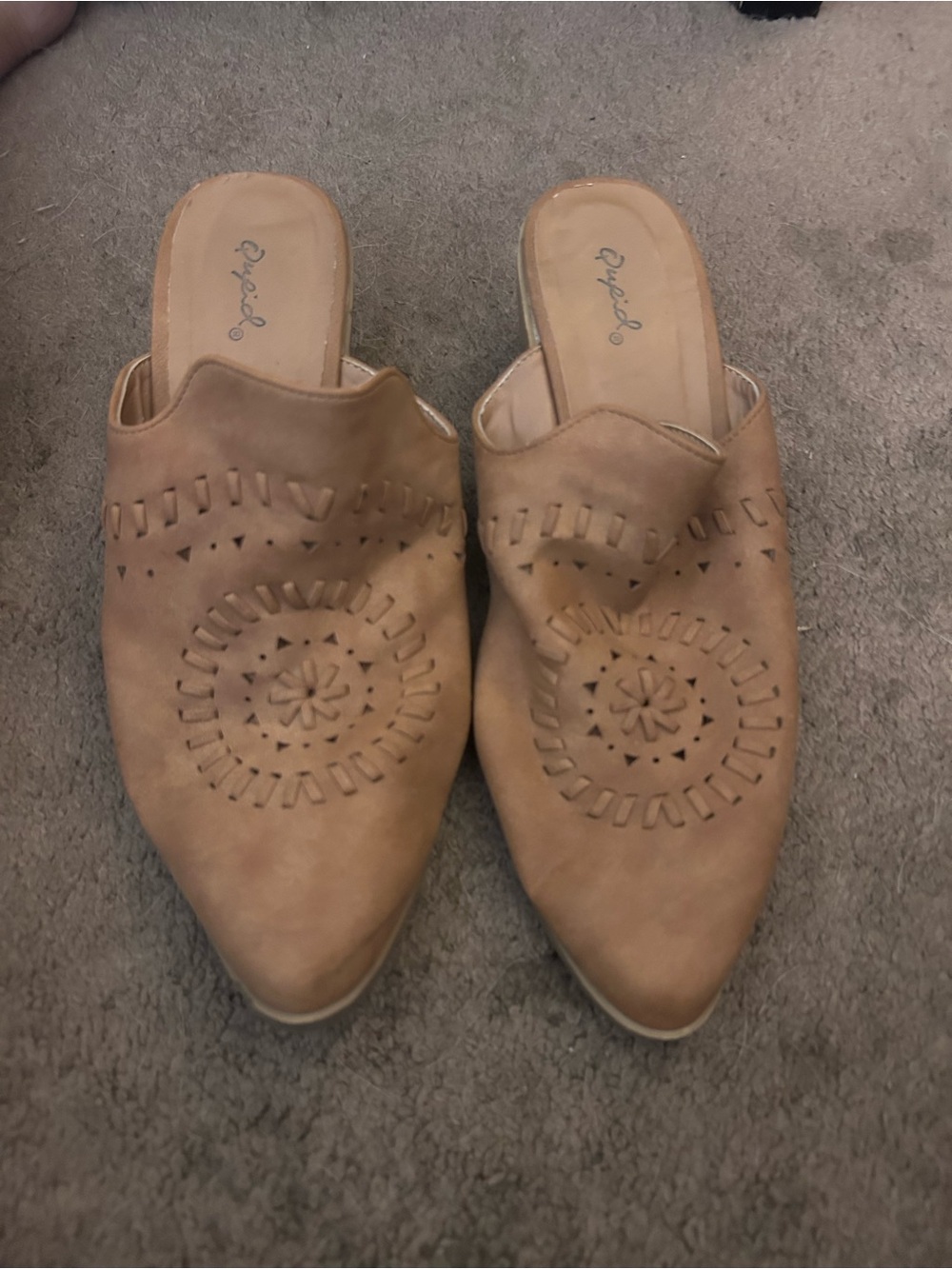 Qupid Tan Pointed-Toe Slip-On Mules with Laser-Cut Medallion